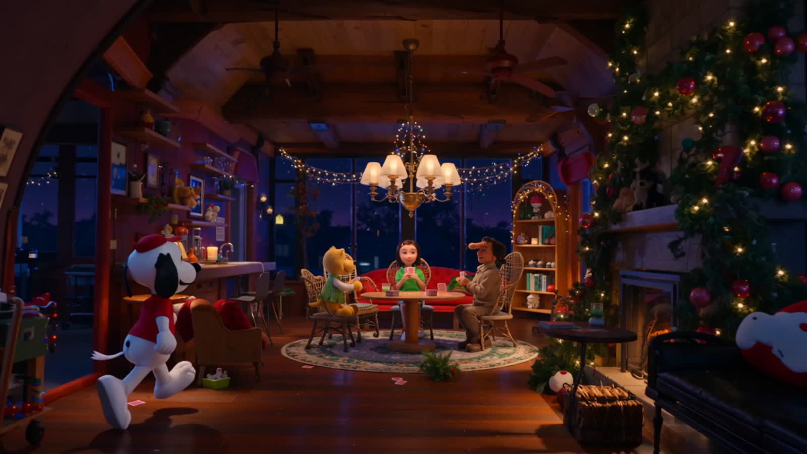 Snoopy, Olaf and Scooby Doo is inviting their friends over for a game night with cards.