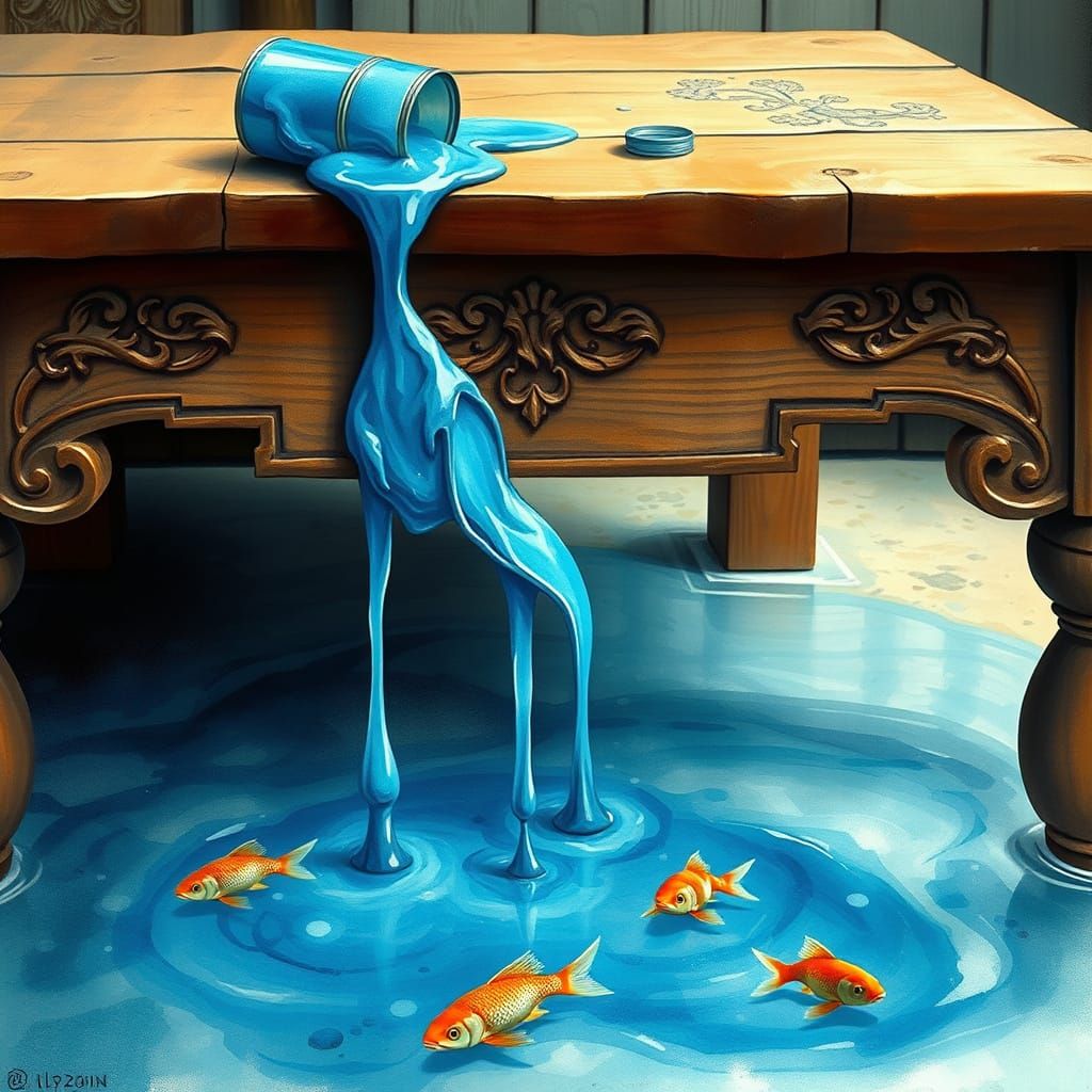 A table with a fallen can of blue transparant paint, dripping of the table and changing from paint in ...  by @CreatieX