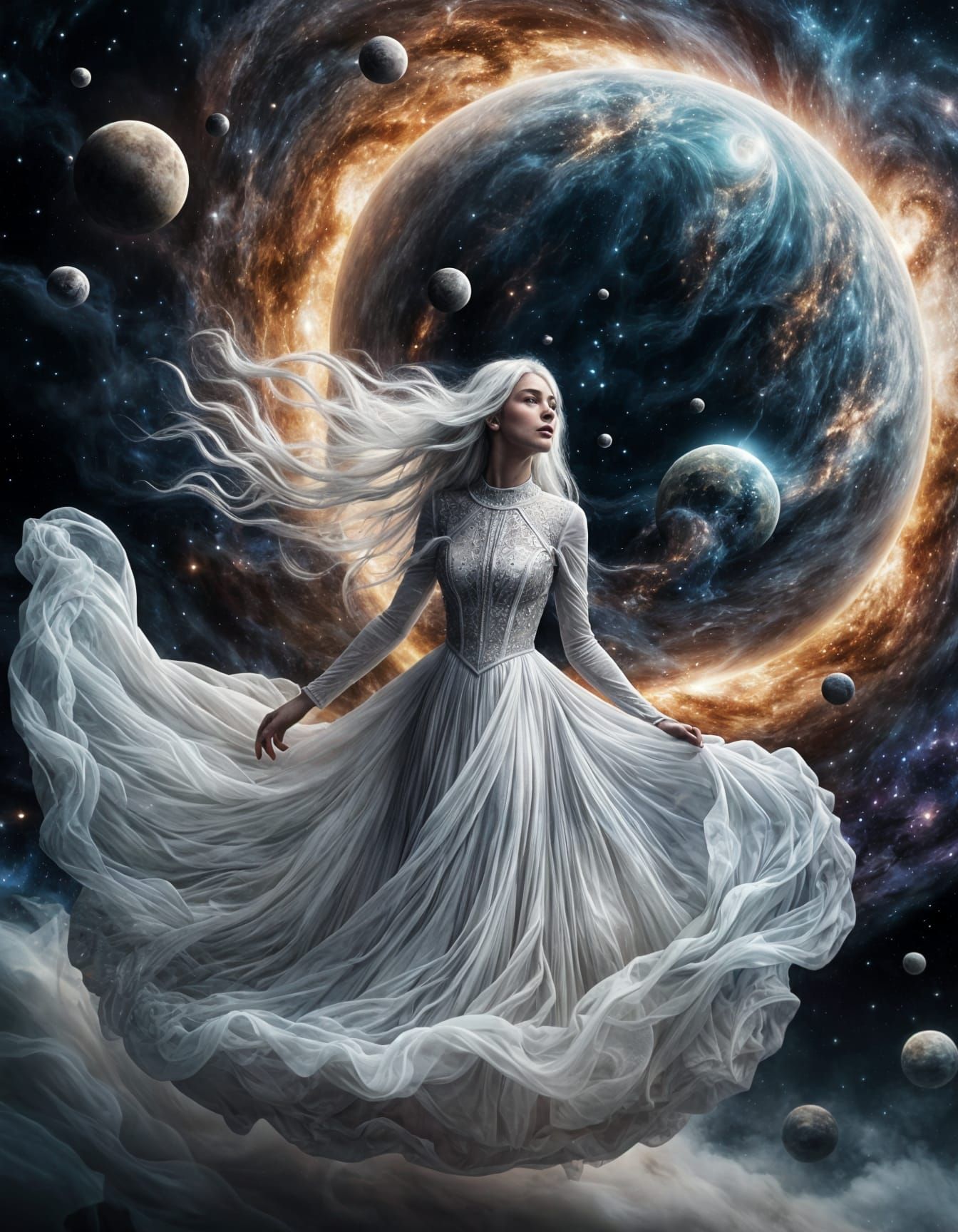 (a young woman with long flowing white hair floating around her in the center of galactic space). She ...  by @Aubrey White 