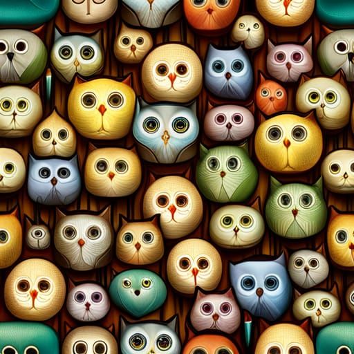 Interdimensional Flock Of Cats & Owls, Colorful Seamless Pattern, By 