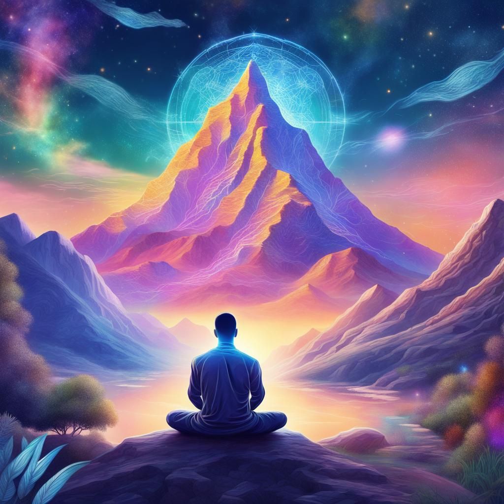 cartoon image of man facing a beautiful mountain . He is sit...