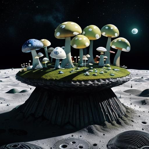 Mushroom City on the moon, amazingly hyperdetailed a masterp...
