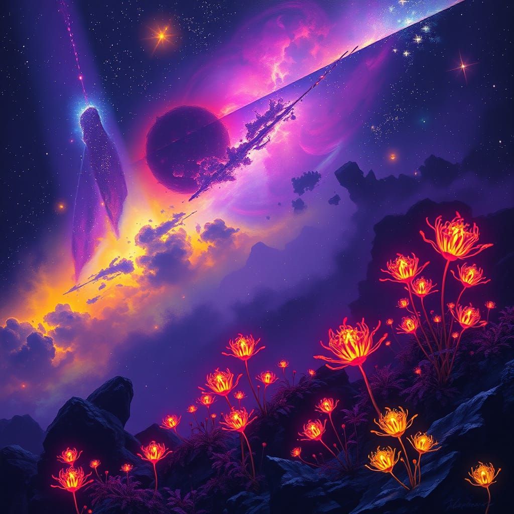 Alien Flora in Cosmic Nebula, Vibrant & Realistic