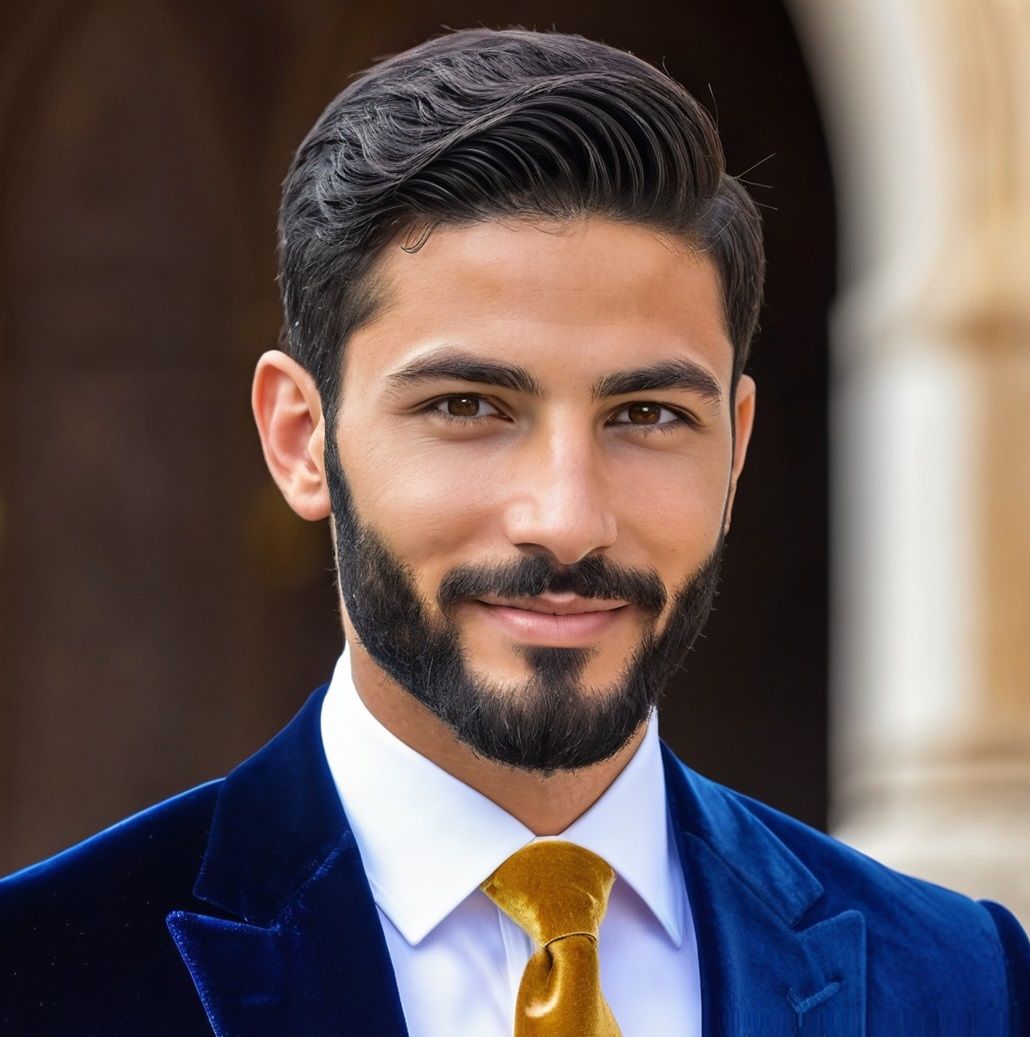 Tāhā     ·  a handsome bearded man  wearing a blue velvet su...