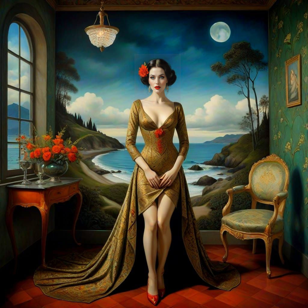 Surrealistic Portrait of a Happy Lady in Exquisite Surroundi...