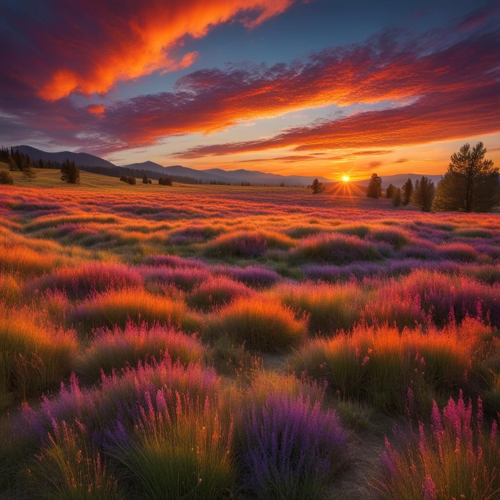 Picture an expansive landscape bathed in the warm hues of a ...
