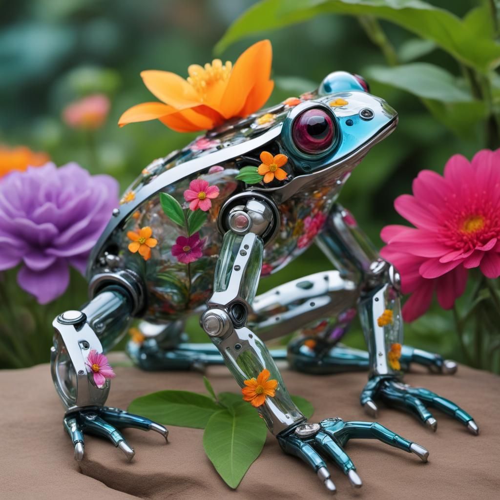 an intricate robot frog made of glass and steel parts, small, tastefull ...