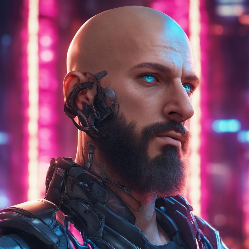 Cyberpunk, Bald, Blue Eyes, cybernetics, Full Beard, head and shoulders ...