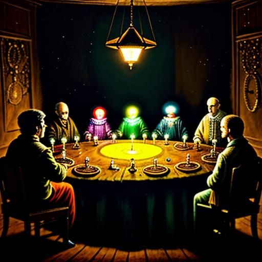 five people in a dimly lit old fashioned room sitting around...