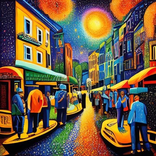 <lora:DarkPointillism15:1.0> Busy city street 