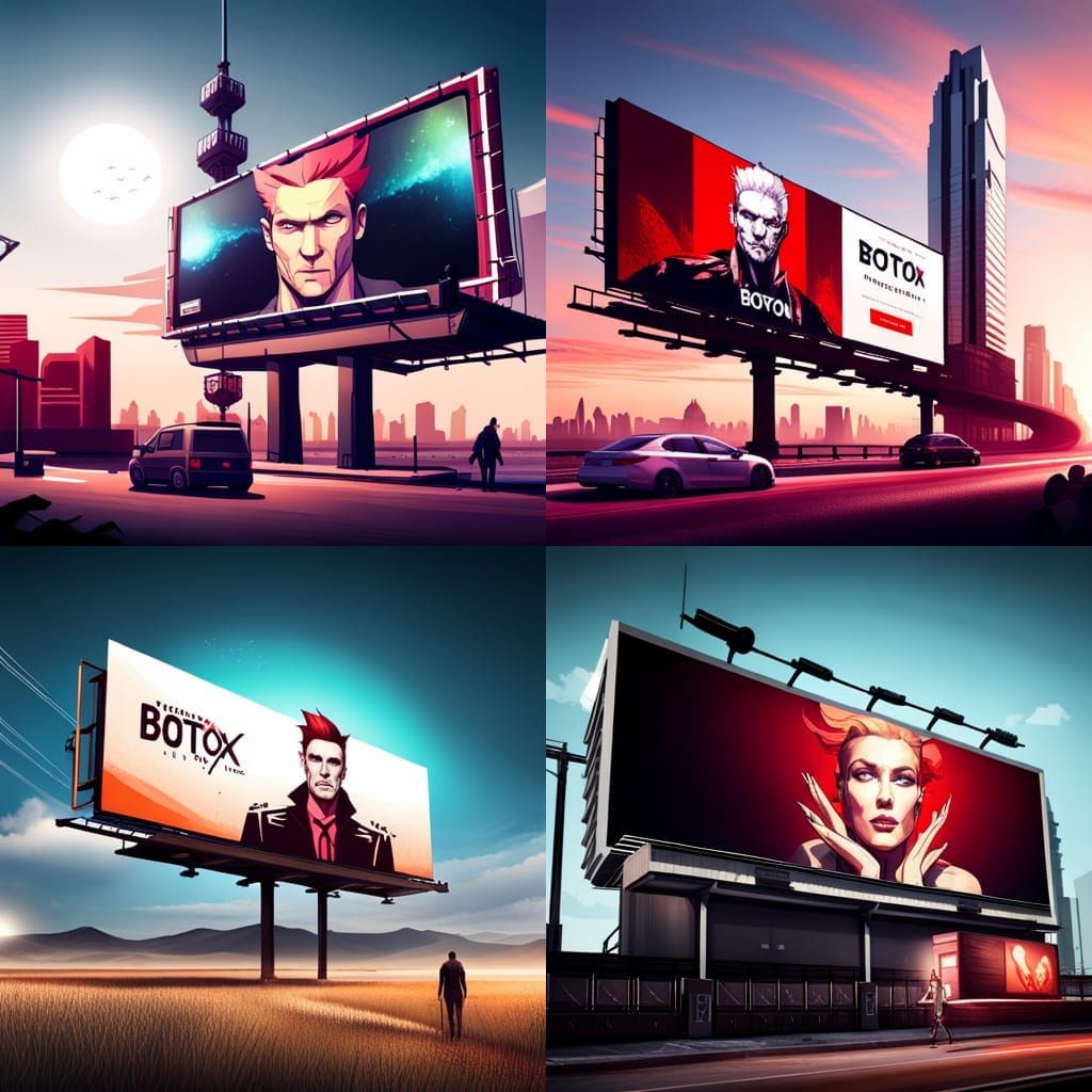 a billboard announcing Botox, Otherkin, post-apocalyptic, trending on ...