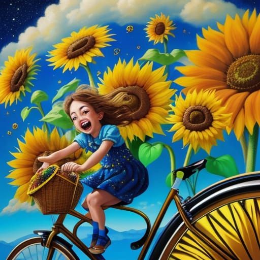 Surreal Child on Bicycle Amid Giant Sunflowers