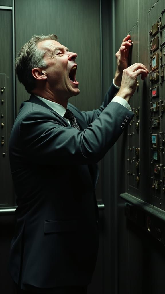Michael screaming in fear, pressing all the elevator buttons in panic, his face pale with terror.

