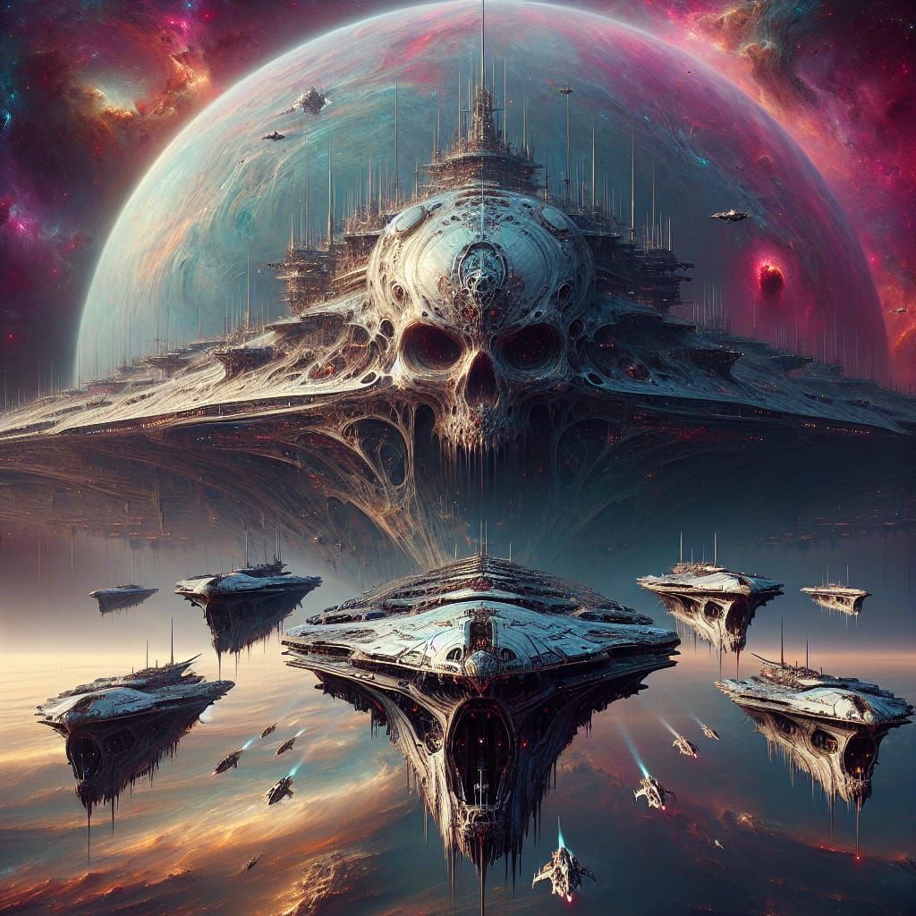 Powerful galactic battle cruiser with a skull on the front of the ship leading a squdron of smaller battle cruisers passing by a planet  Don...