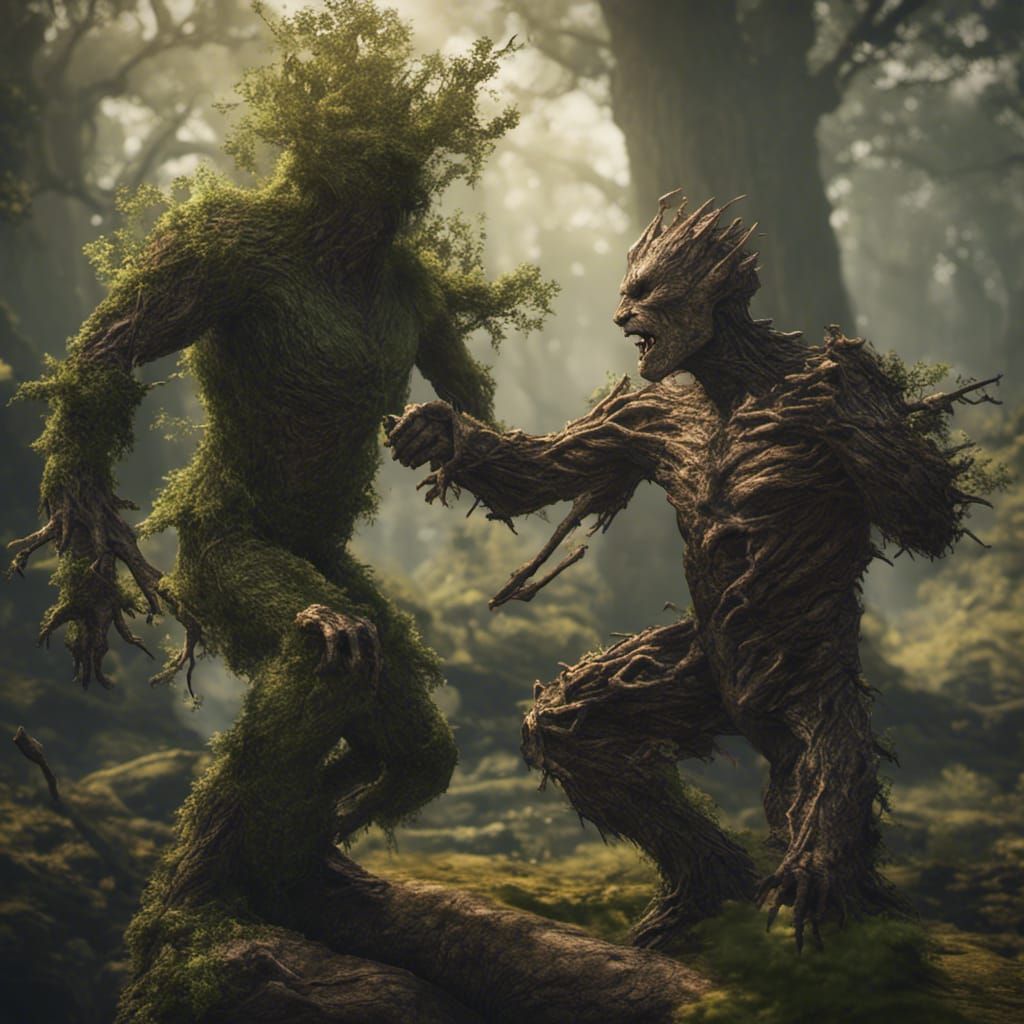 treeman fighting a treeman with sticks