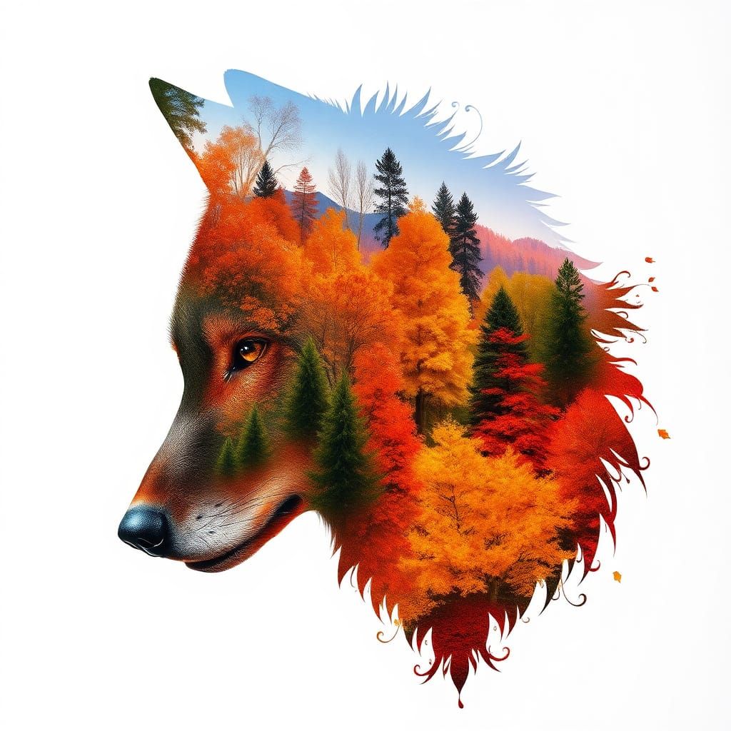 Inside the transparent silhouette of the wolf there is a colorful autumn forest, the whole drawing is ...  by @Zacharo