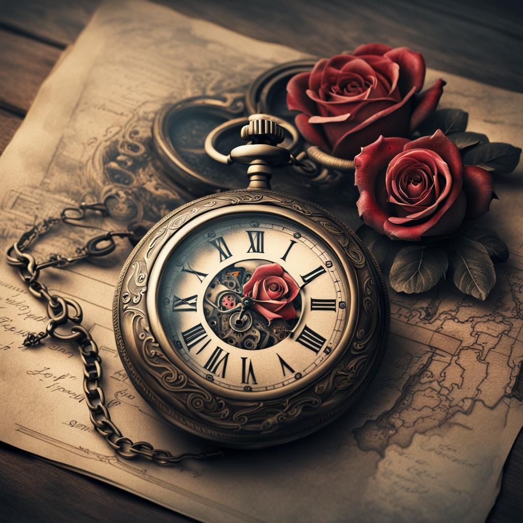 pocket watch and rose - AI Generated Artwork - NightCafe Creator