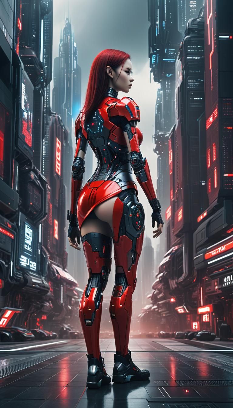 full-length photo, a nice woman cybernetic with an exo-skirt red looking at a cyber city