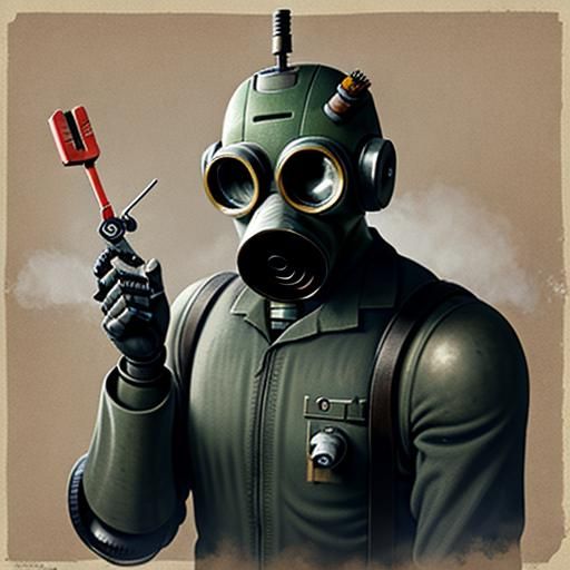 A robot with a gas mask attached to its head, looking horrif...