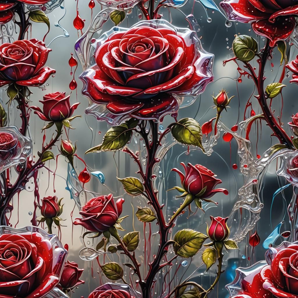 Transparent Glass Rose Dreamscape: Surreal Graffiti Art
