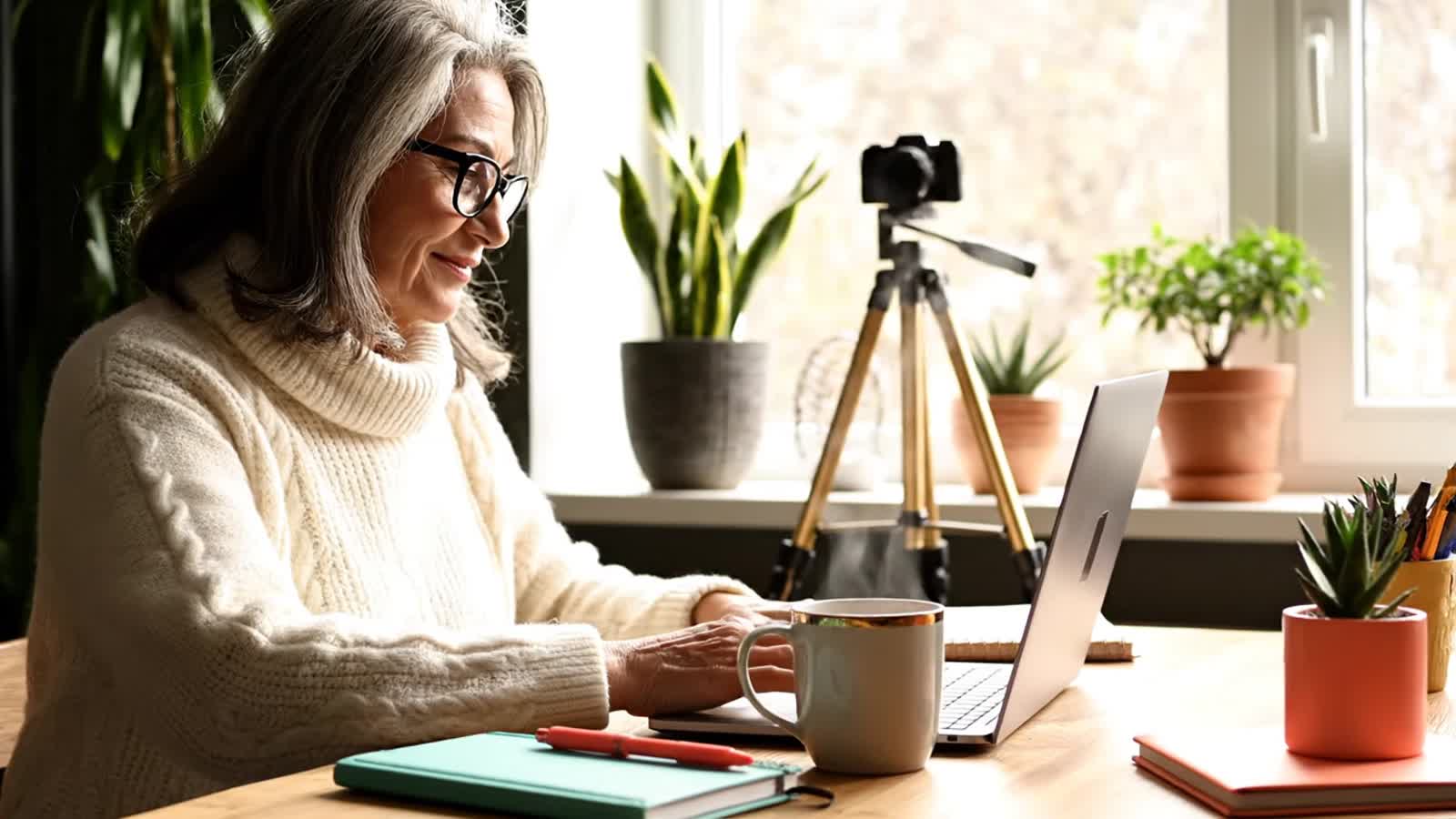 A realistic photo-style image of a confident woman in her 60s, with shoulder-length salt-and-pepper hair, wearing black-...