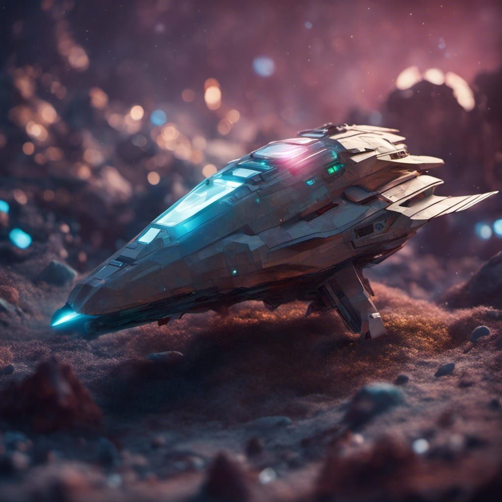 colorful glowing low poly spaceship parked on planet 9, Nati...