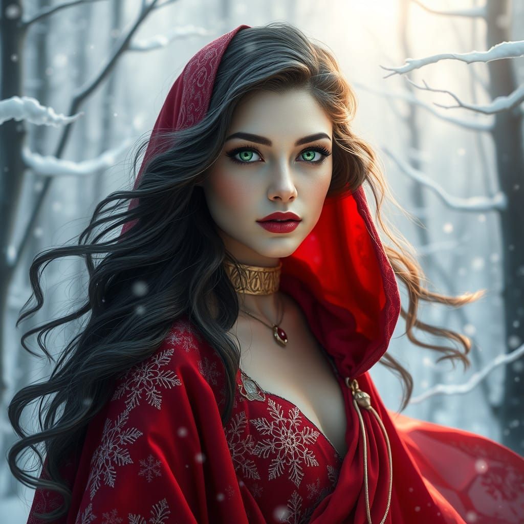 Ethereal Fantasy Portrait of a Serene Woman in a Snowy Fores...