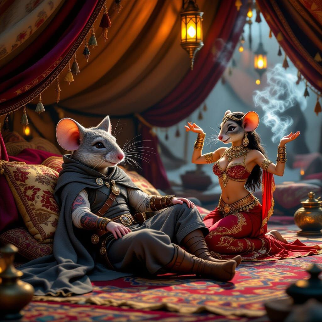 A highly detailed fantasy scene inside a lavish Arabian-style tent, illuminated by warm lantern light and filled with colorful carpets, silk...