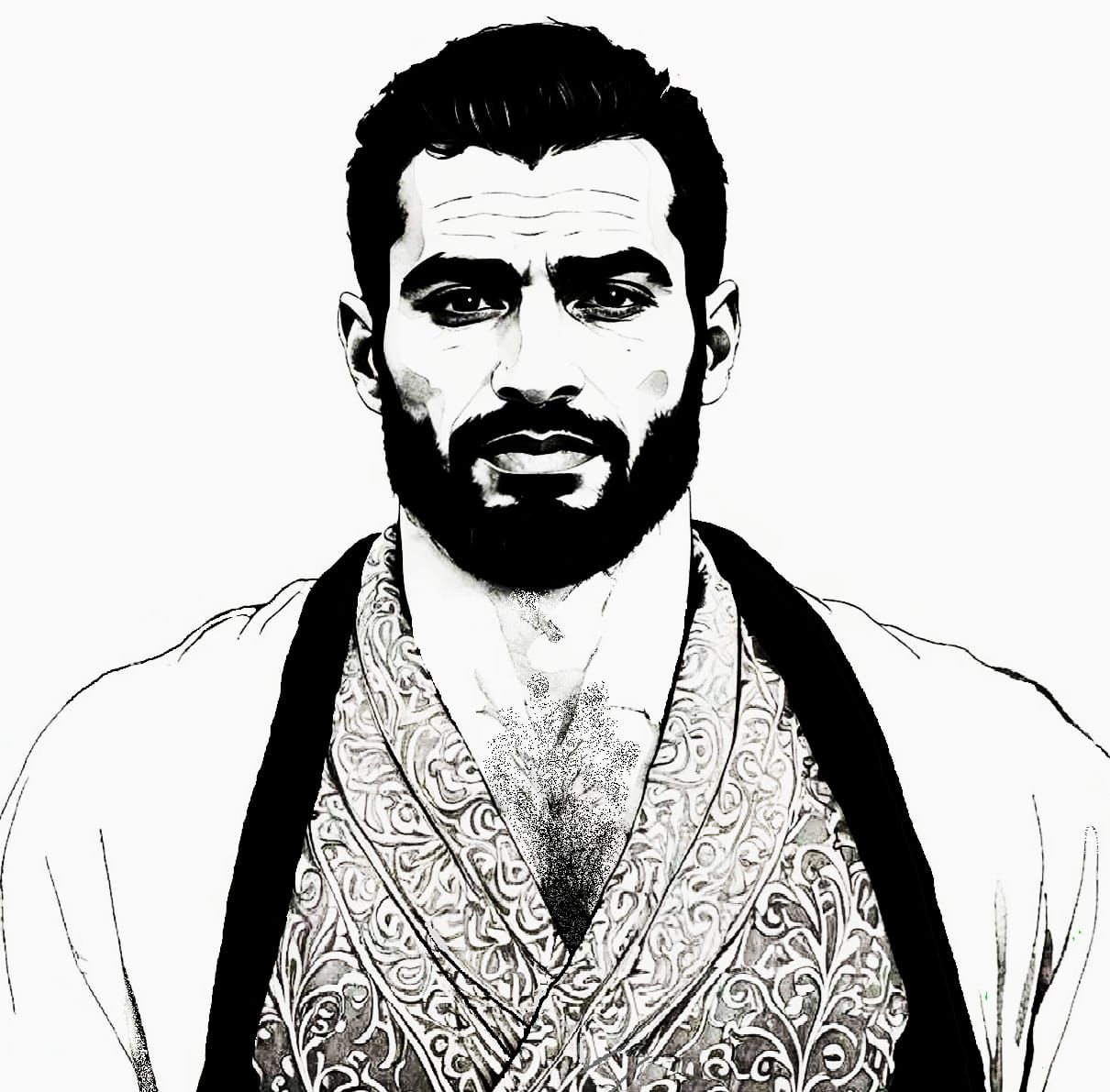 Black and white drawing, portrait of a handsome bearded man