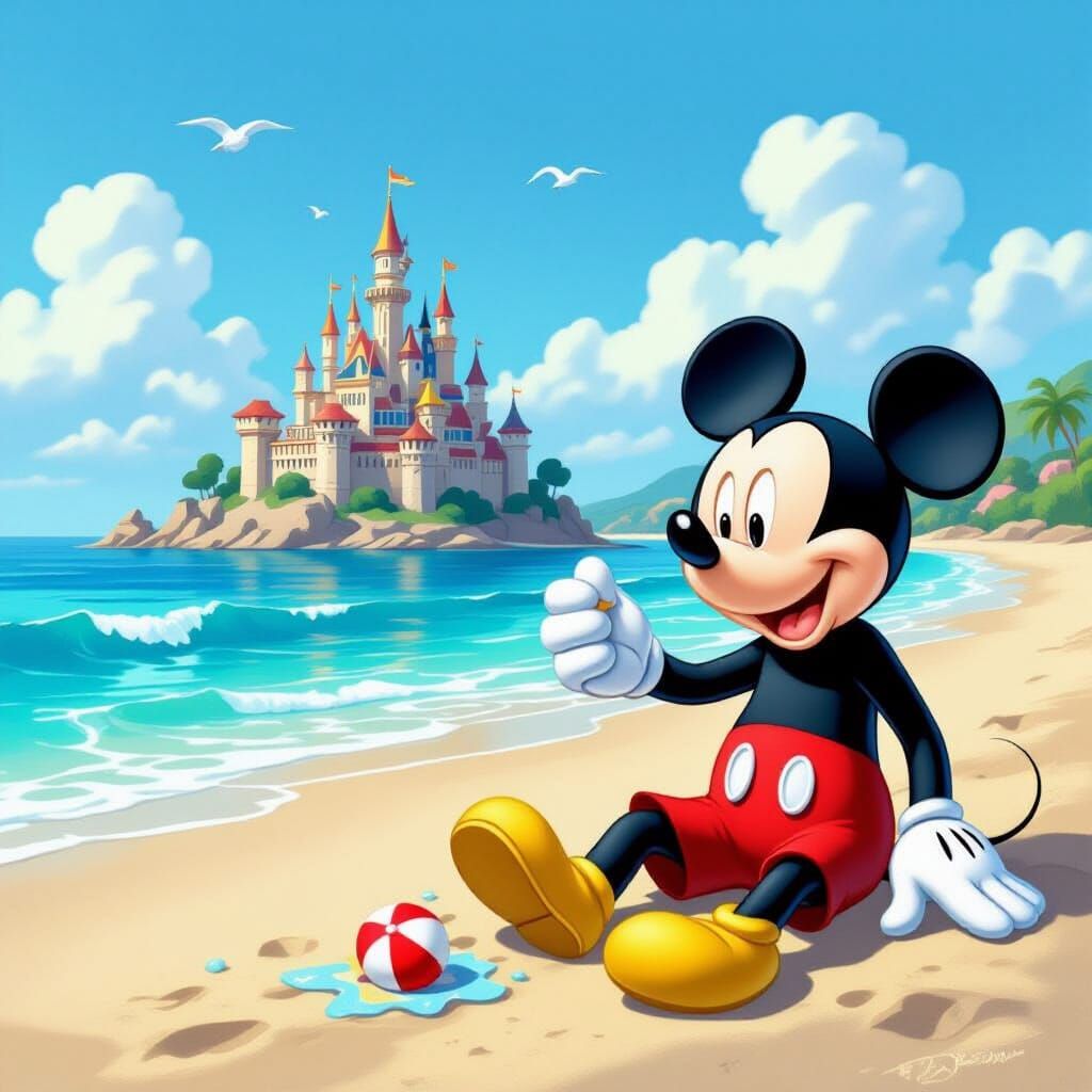 Mickey Mouse Building Sandcastle on Beach