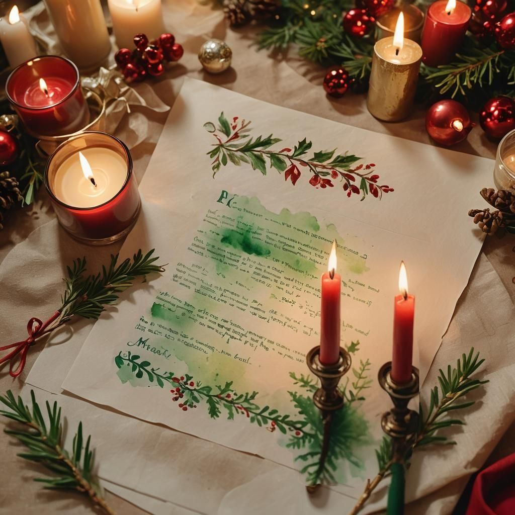 Dans un décor de Noël, une lettre sur la table, deux bougies...