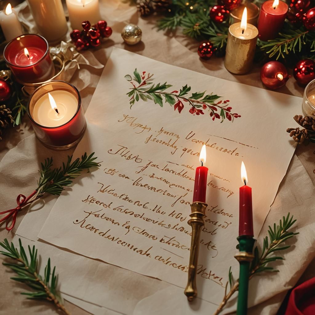 Dans un décor de Noël, une lettre sur la table, deux bougies sur le côté