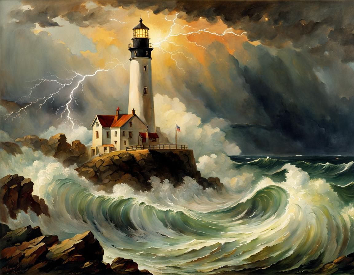 A lighthouse over a stormy sea  by @undefined