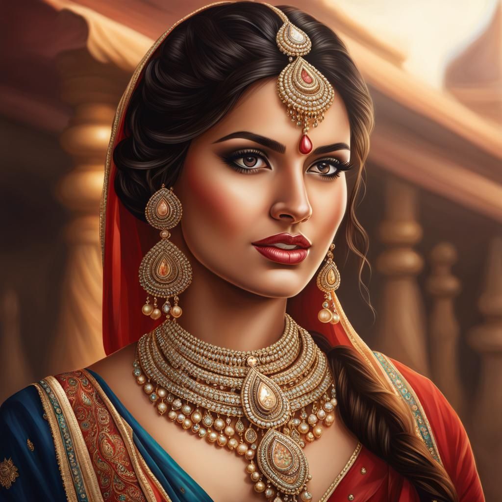 Hyperrealistic portrait of a beautiful woman wearing tradional indian ...