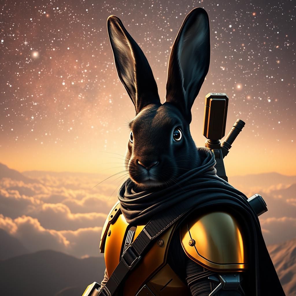 Design a detailed realistic poster featuring a realistic full black rabbit with no facial hair, very big and long ears, large glowing white...