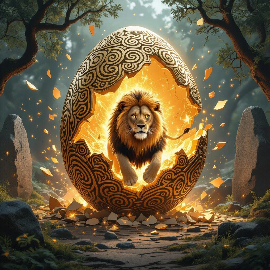 "Hyperrealistic fantasy masterpiece: A colossal ancient golden egg, 6 feet tall, covered in intricate Celtic spirals and glowing runic inscr...