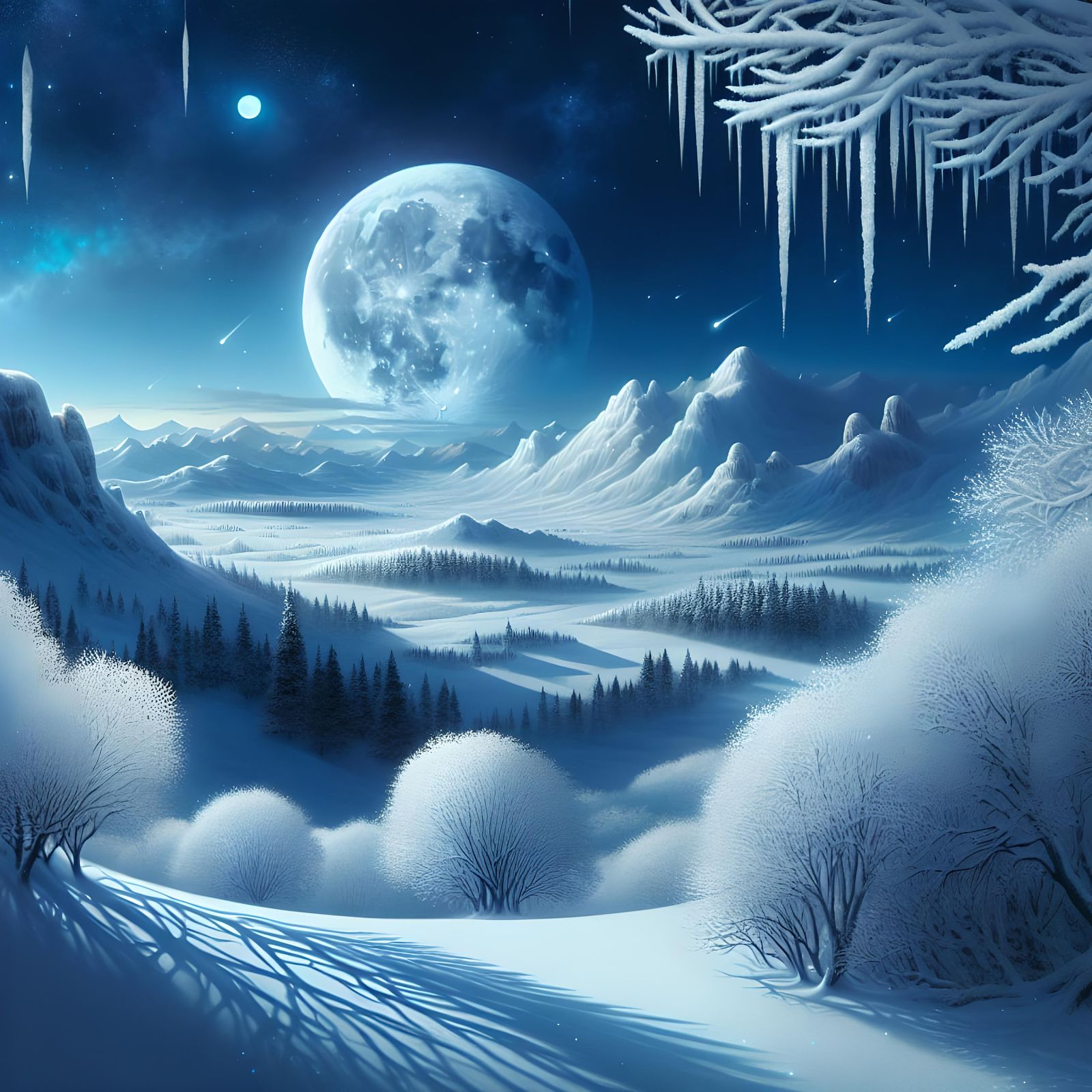 A stunning moon in winter wonderland