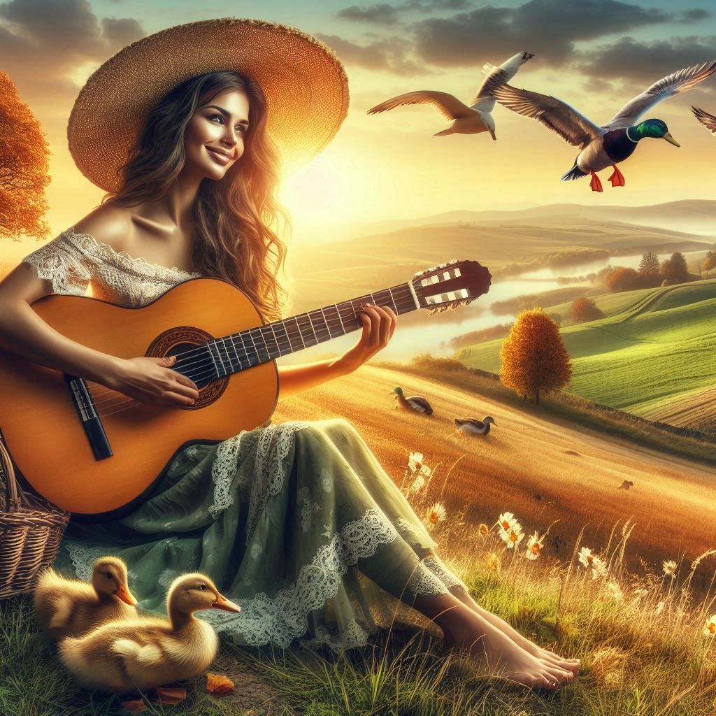 A beautiful woman sitting on a hill playing a guitar, now wearing a hat, with some ducks beside her