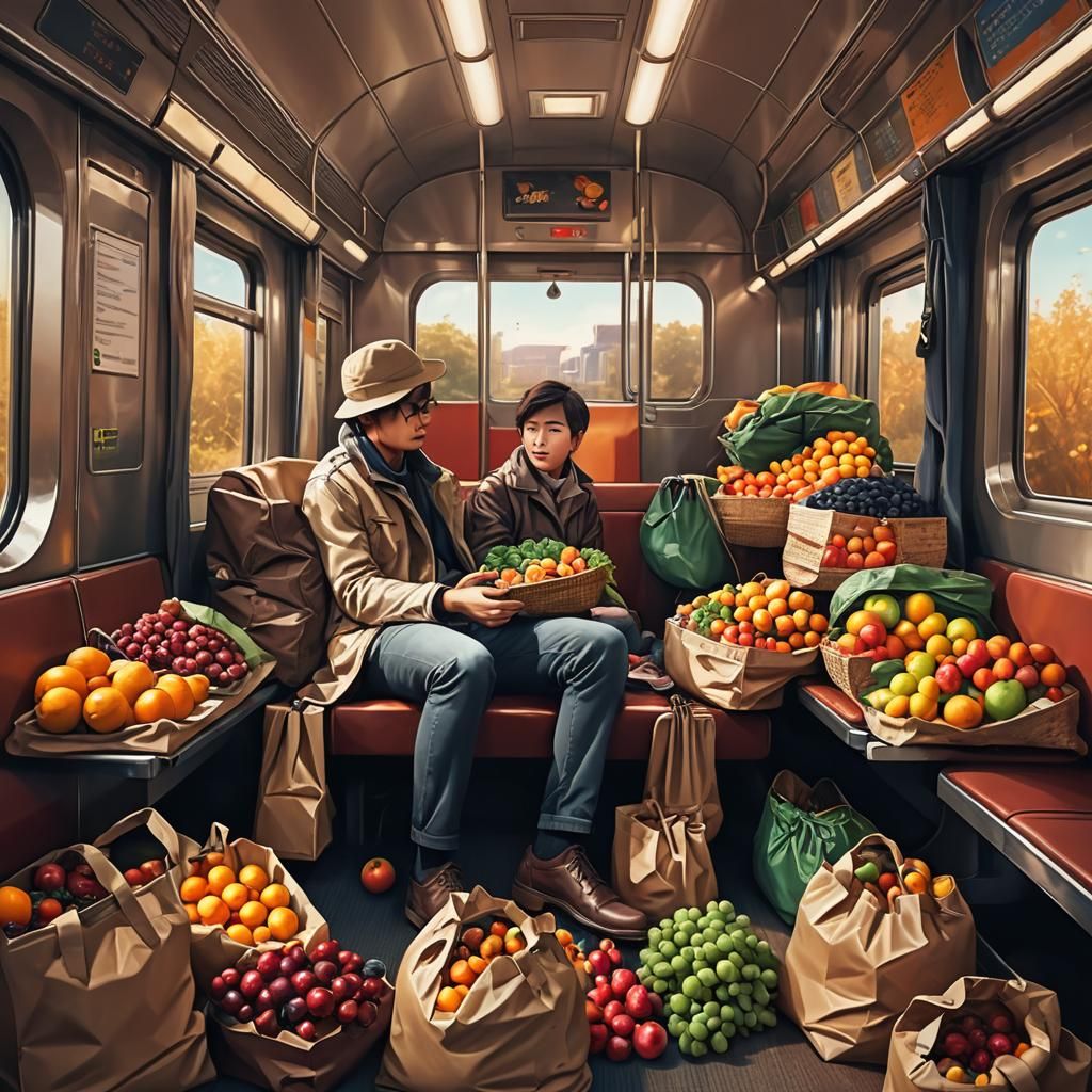 Hyper-Realistic Train Scene with Fruit Bags