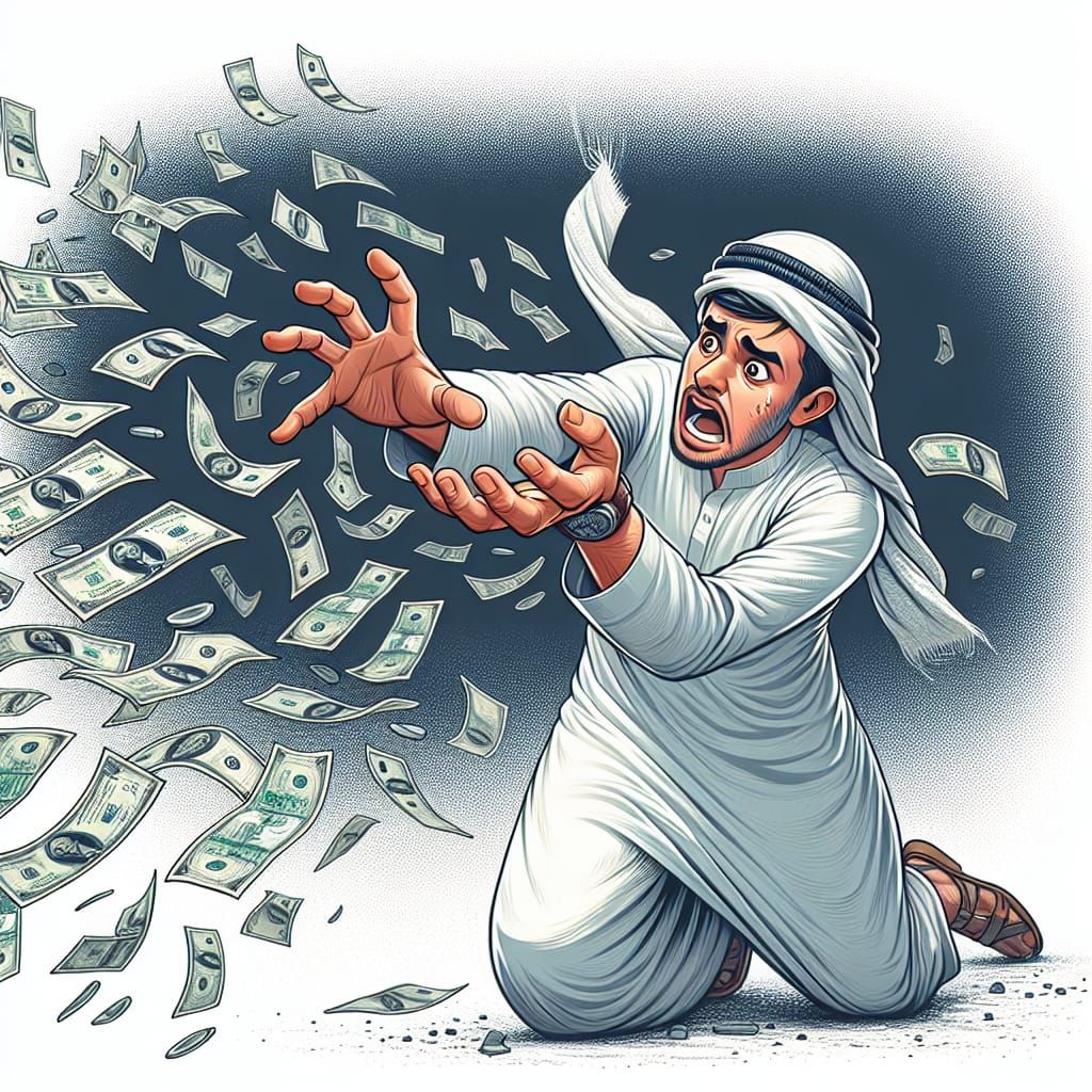 A man desperately grasping for money that's his slipping away
