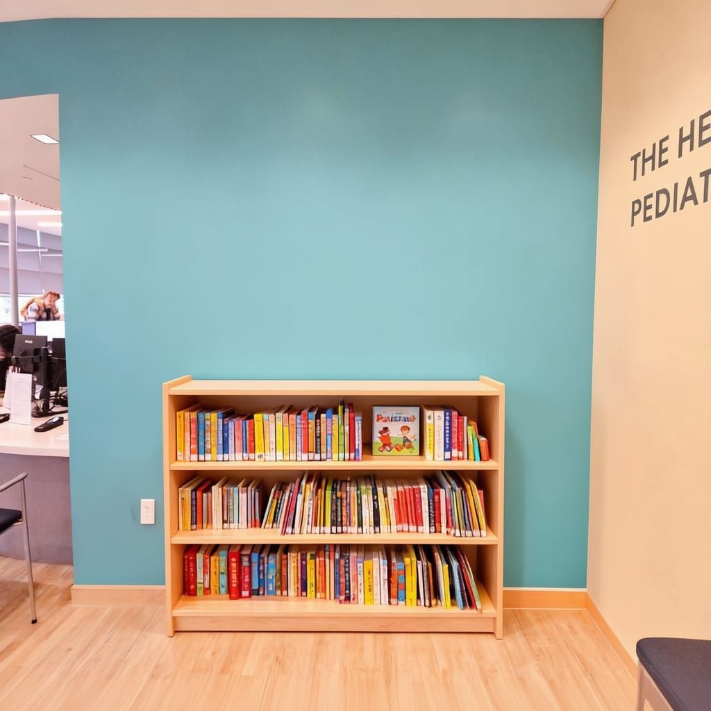 Use the provided reference image (Peds waiting room at Rose.jpg) as the base environment. Preserve the turquoise-blue wall, the lighting, th...