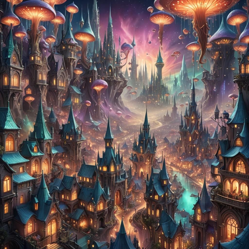 Ultra modern fairy city inside the earth with lights, silver flying