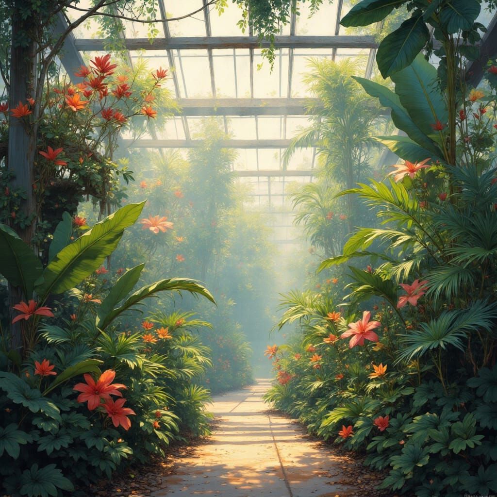 Luminous Greenhouse Garden in Hazy Dreamscape