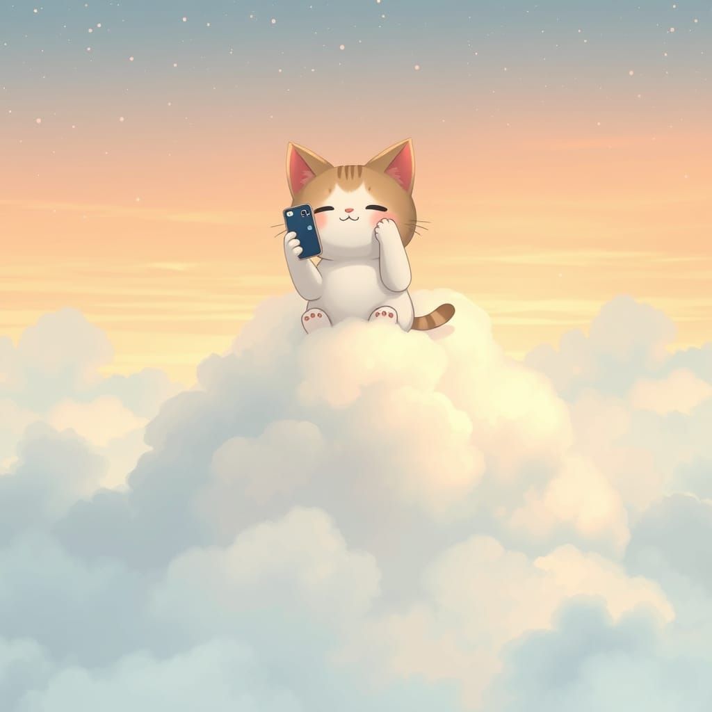 Chibi Anime Cat Selfies on Dreamy Cloud