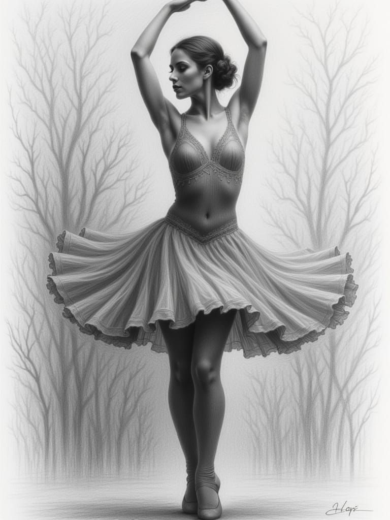 Graphite and charcoal pencil <lora:Charcoal and pencil:1.0> Dramatic drawing that reflects elements of expressionist style. Subject is a bal...