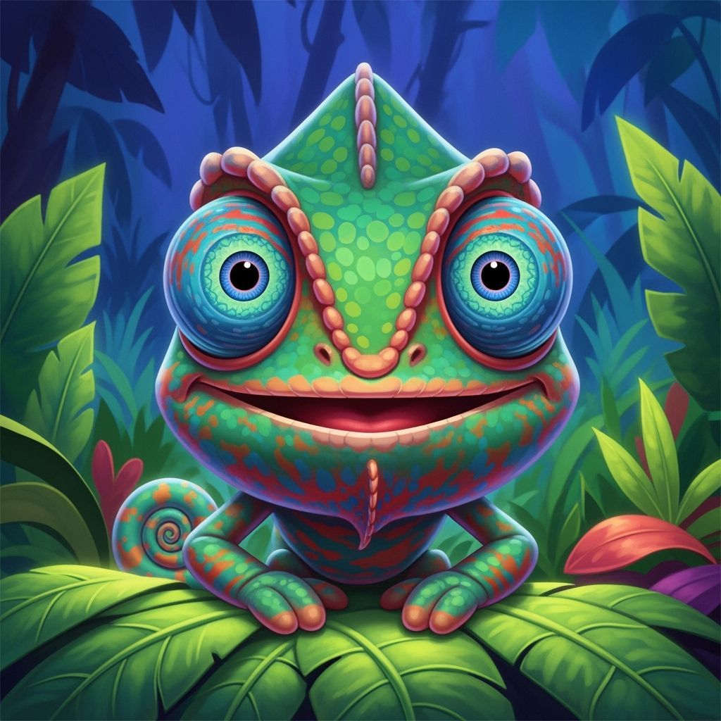 Colorful Chameleon with Blue Eyes in Disney Animation Style