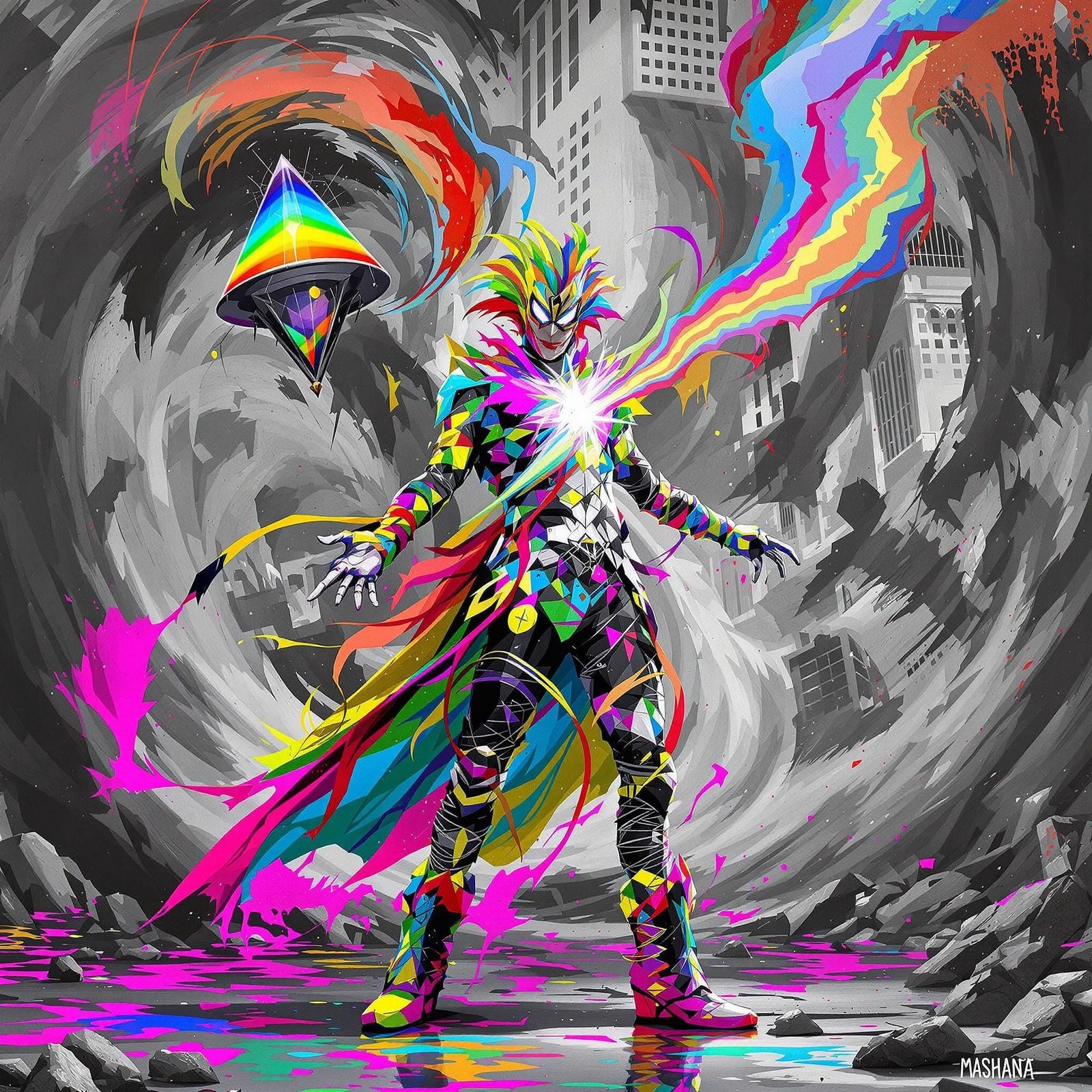 The Chromatic Corsair, a supervillain who can steal colors from the world, stands in a grayscale city, ...  by @Patio Set
