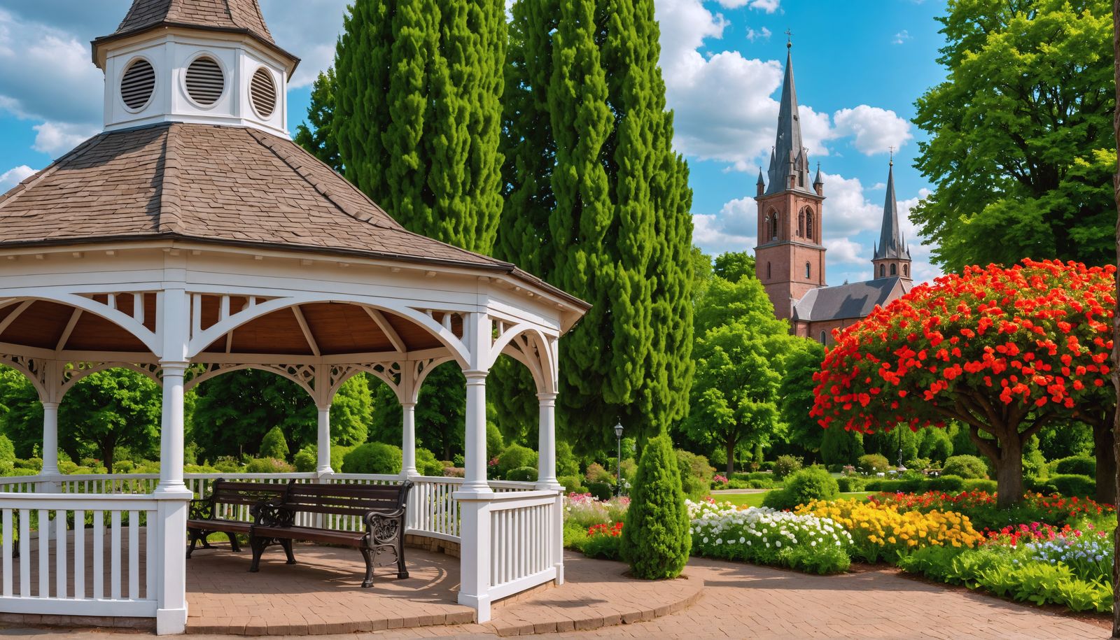 <lora:Gazebo:0.2> Wooden gazebo and a park bench and an enor...