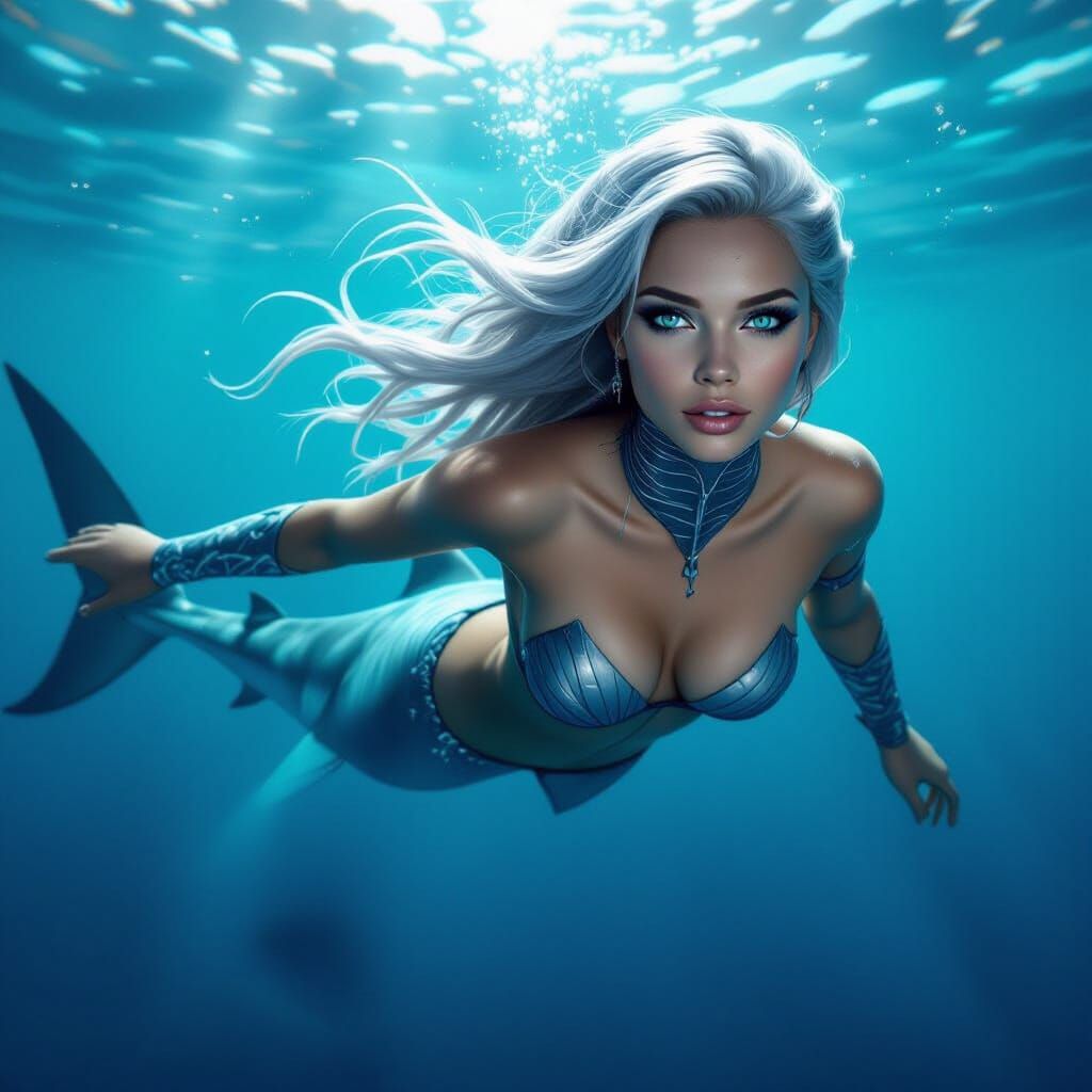 A woman with mako shark skin, gills on her neck and fins on her forearms, she has a shark tail for legs and big ice grey eyes and shiny, flo...