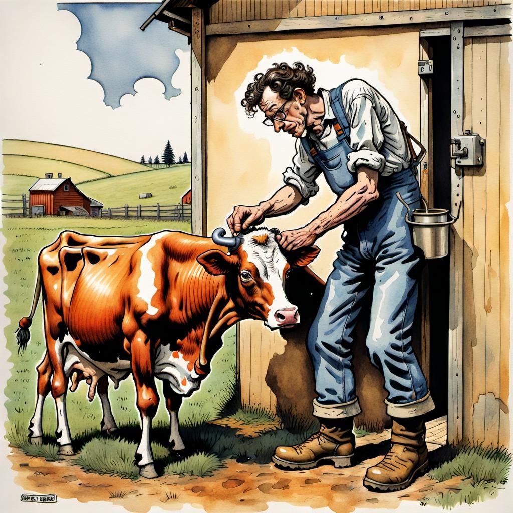 Dairy farmer hooking a heifer to a milking machine Robert Crumb